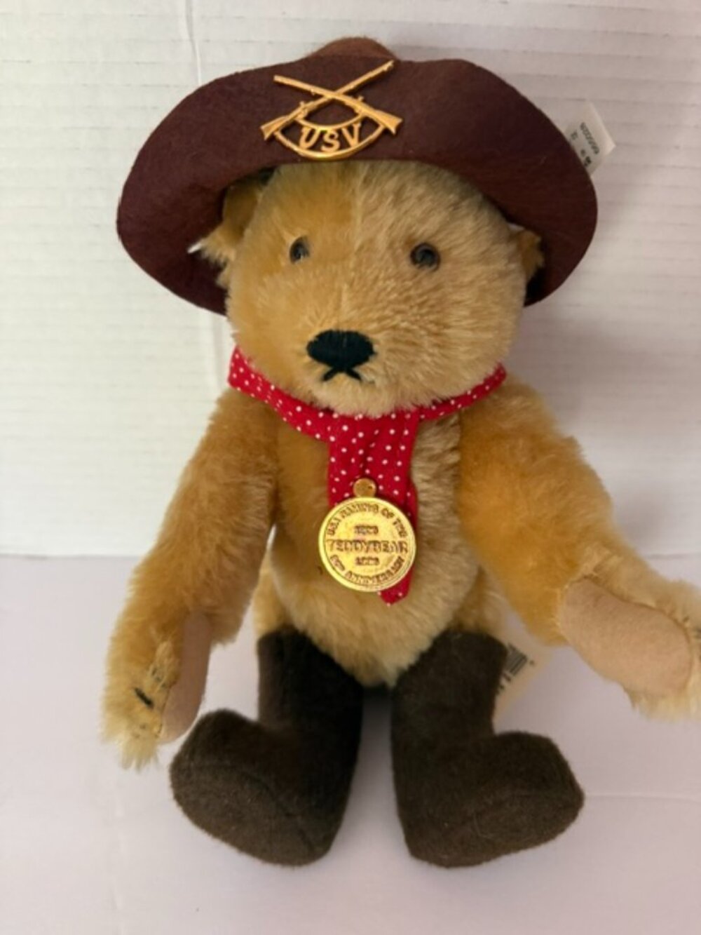 1996 Steiff Teddy Bear Teddy Roosevelt Rough Rider - USV Hat - Red Scarf - Boots